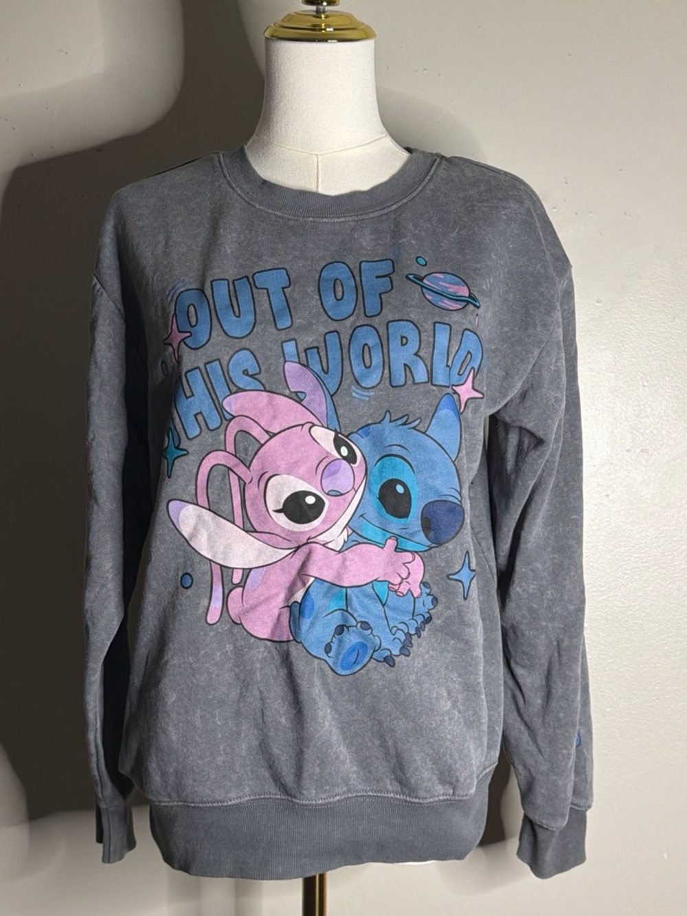 Disney Gray Graphic Sweatshirt with Blue Stitch & Pink Angel